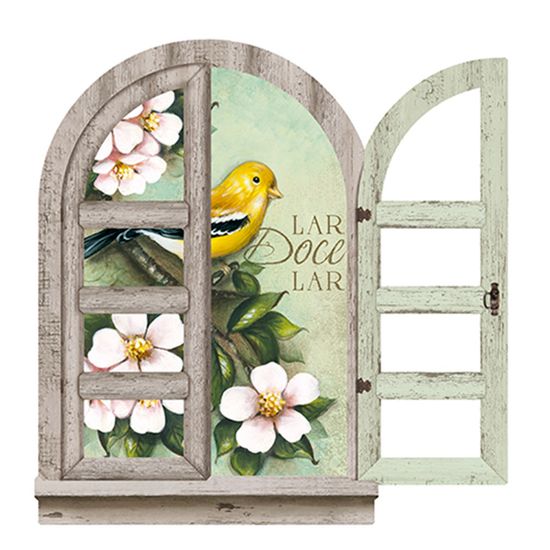 Enfeite de Parede 26,2×25,5cm Janela com Pássaro e Flores Enfeite De Janela ~ Enfeite de Parede 26,2×25,5cm Janela com Pássaro e Flores